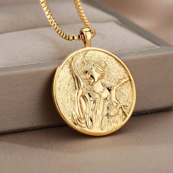 Artemis Medallion Pendant Necklace in Gold on a Box Chain - Picture 2 of 8